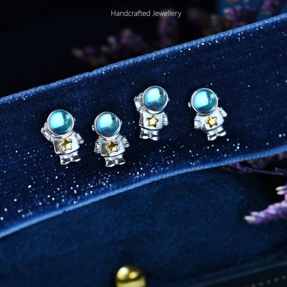 Space Astronaut Stud Earrings Natural Moonstone Crystal Earrings Sterling Silver - Picture 1 of 4
